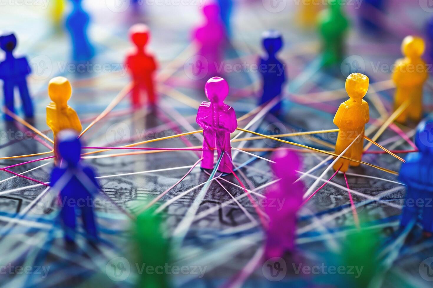 AI generated Communication concept. Colorful people network on world map background. photo