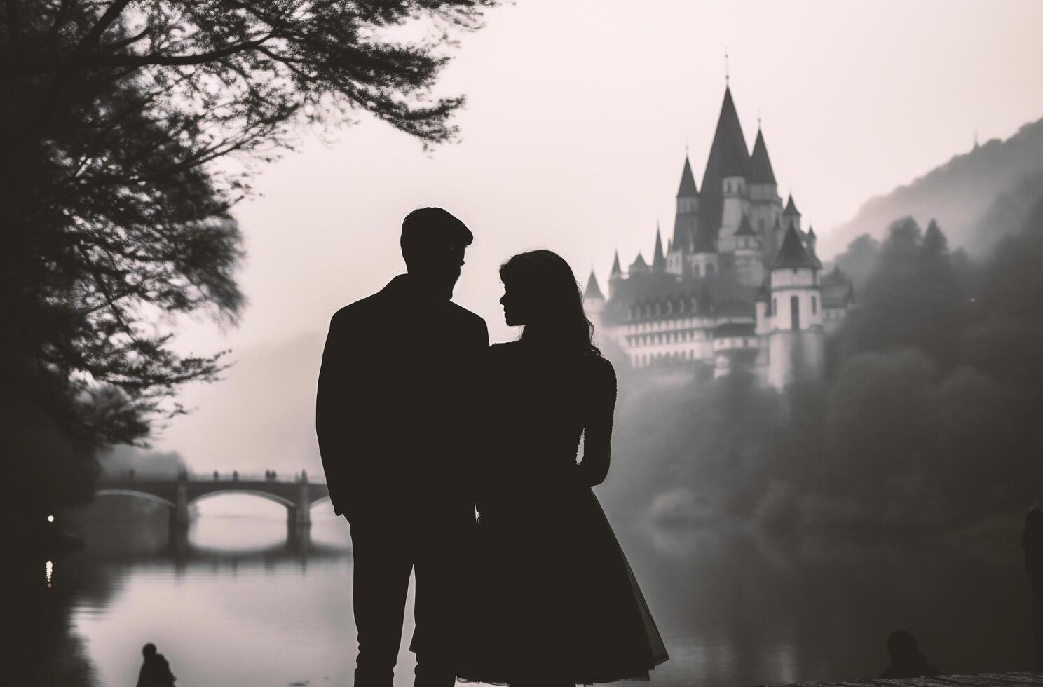 AI generated Wedding couple in front of the castle on a foggy day photo