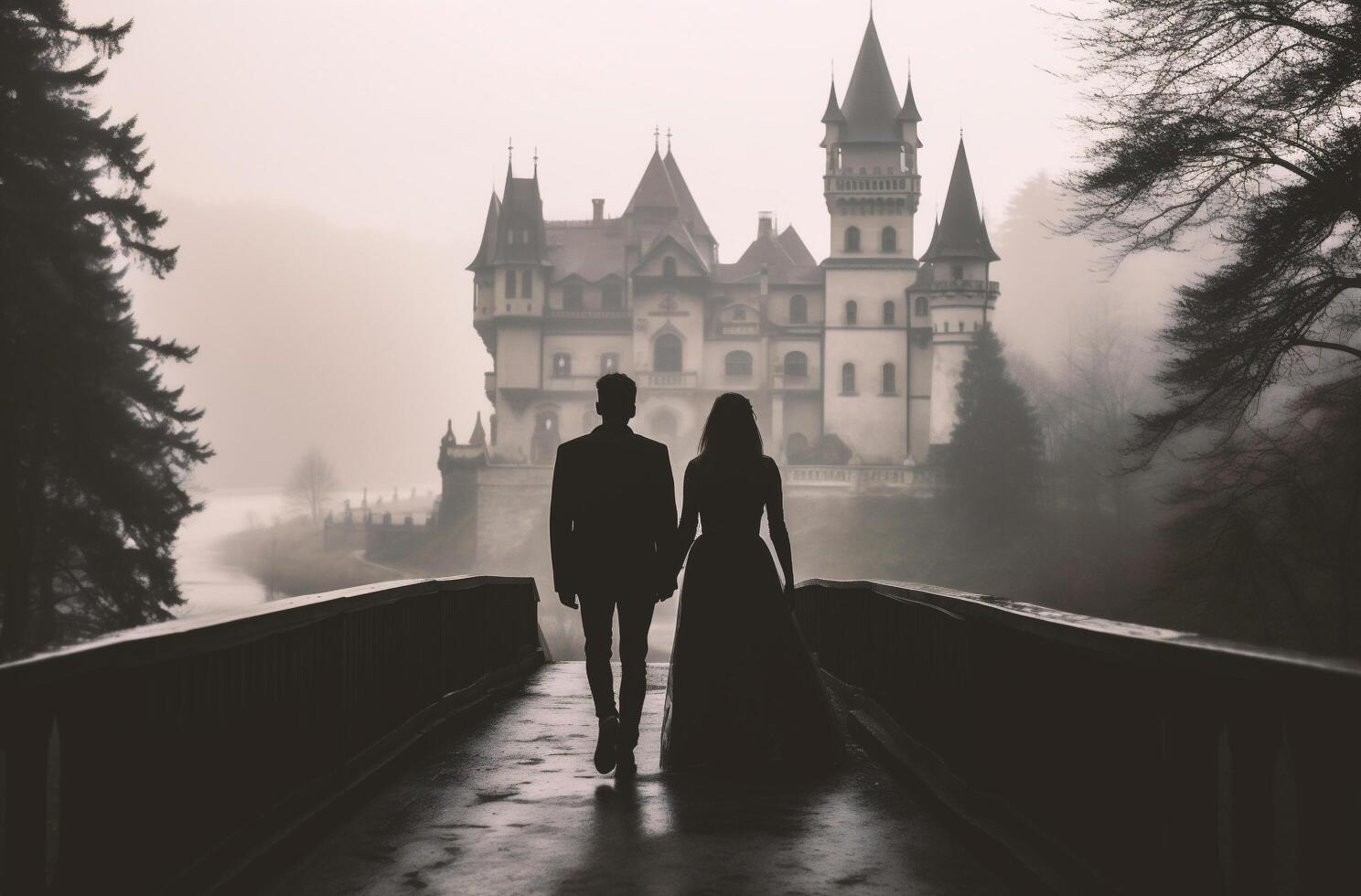 AI generated Wedding couple in front of the castle on a foggy day photo