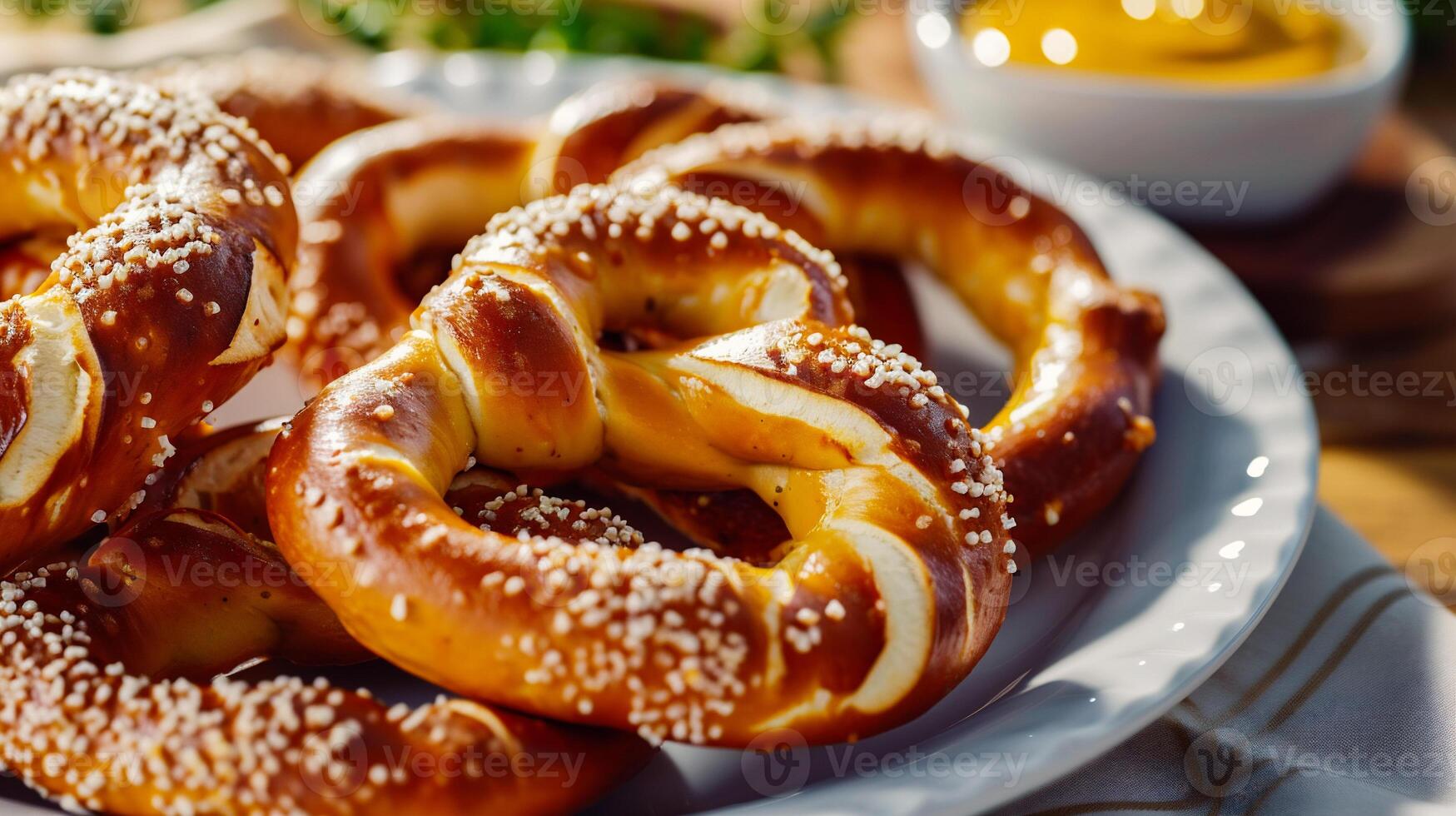 ai generado bávaro pretzels con mostaza en un de madera mesa. foto