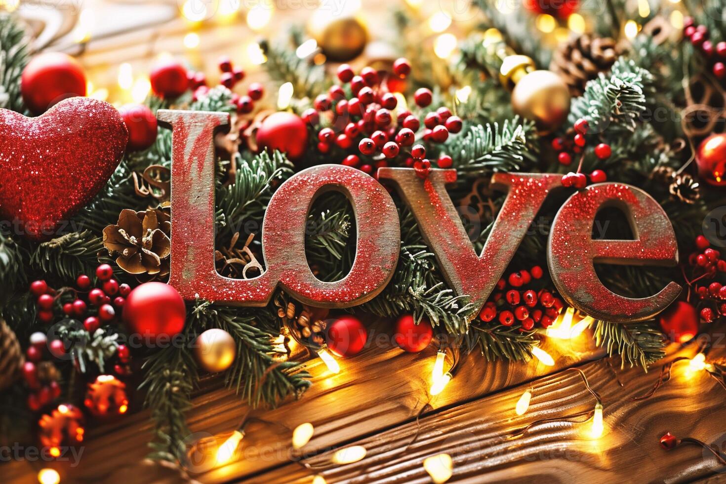 AI generated Wooden inscription love on the background of Christmas decorations, bokeh photo