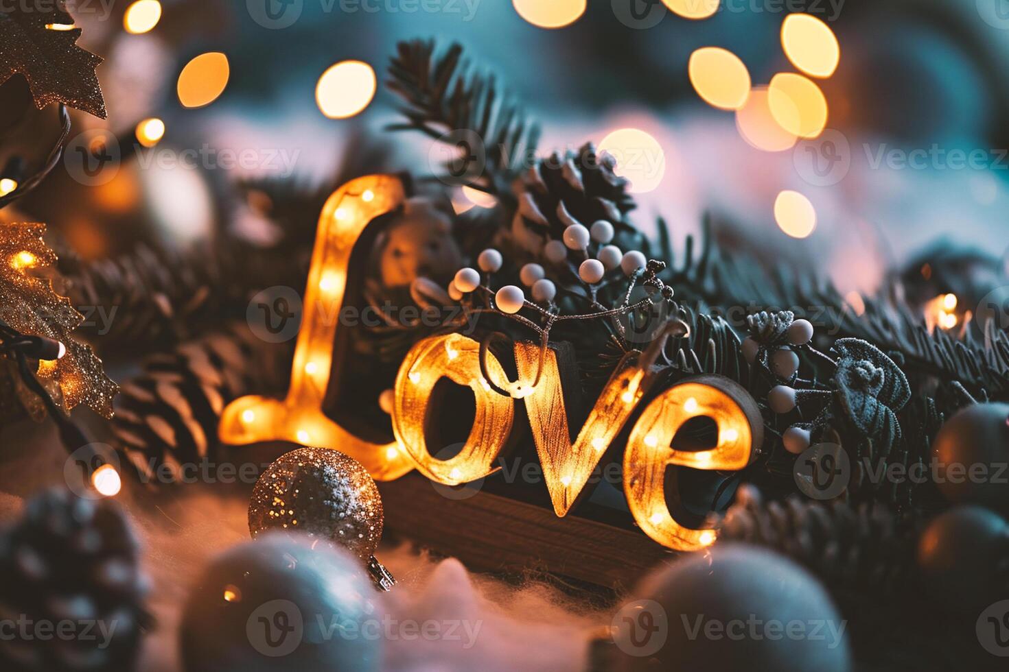 AI generated Wooden inscription love on the background of Christmas decorations, bokeh photo