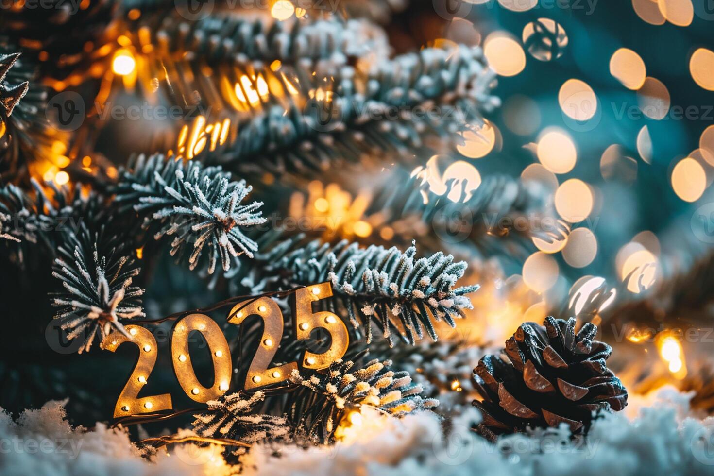 AI generated Christmas and New Year 2025 holidays background with bokeh defocused lights photo