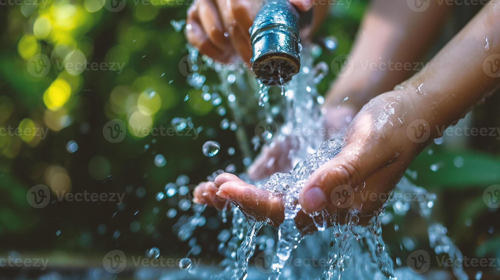 ai generado agua torrencial desde el manguera a el manos de un niño y naturaleza antecedentes foto