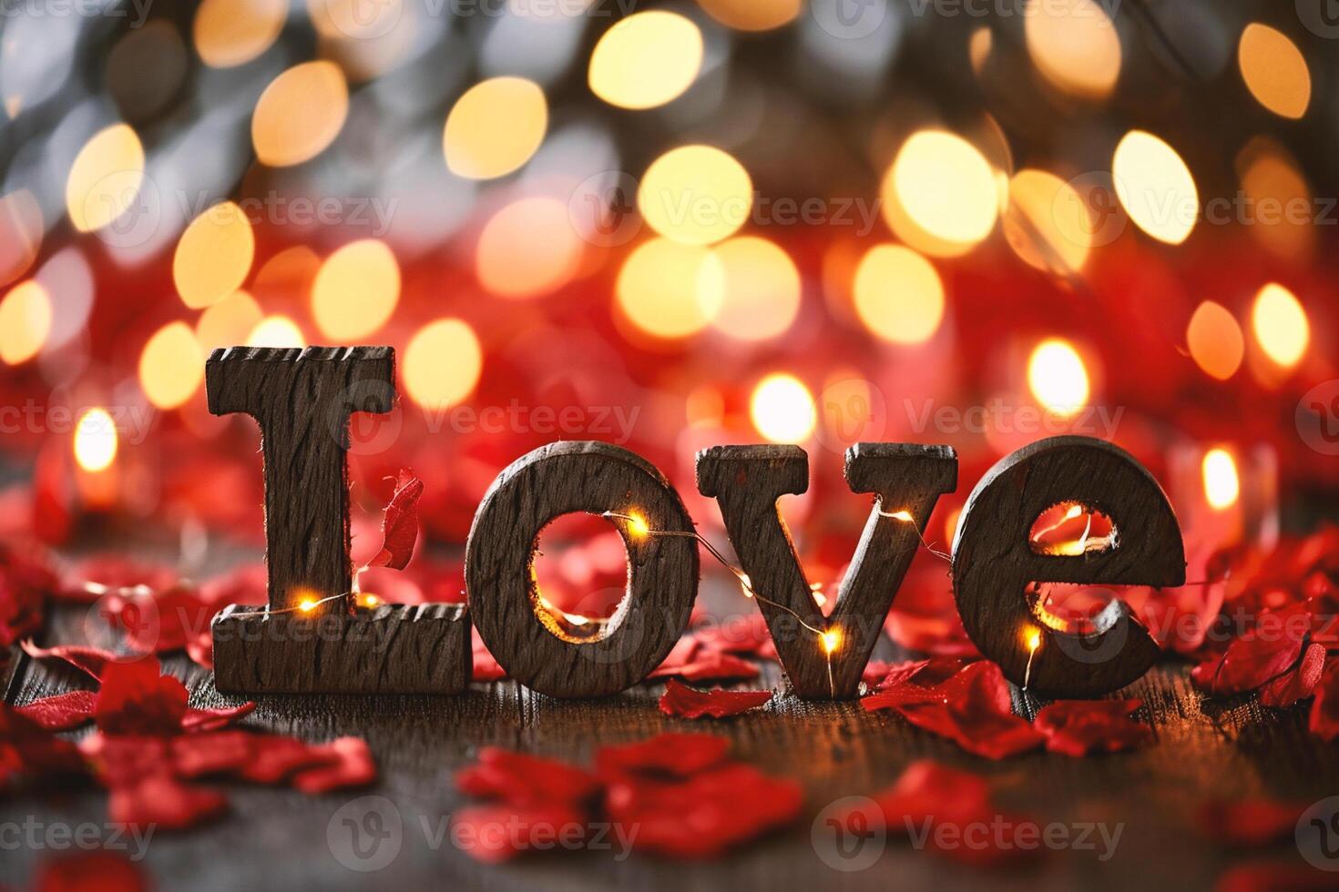 AI generated Wooden letters with the word LOVE on a bokeh background photo