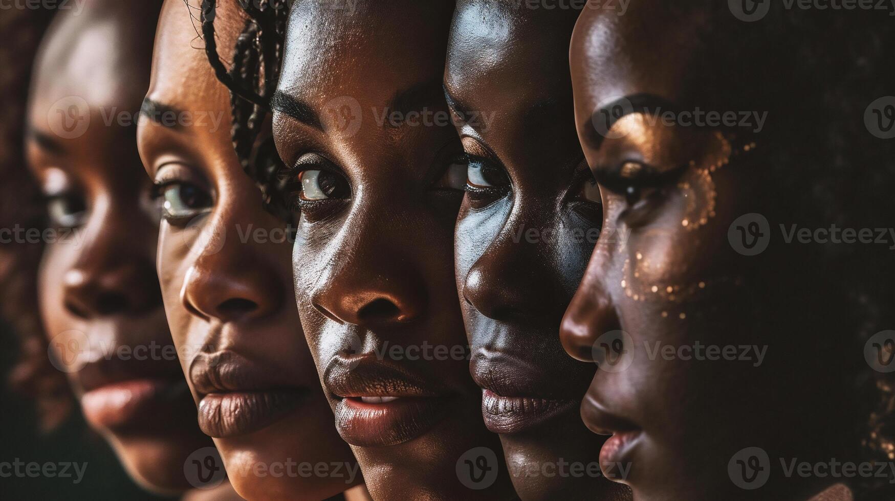 AI generated Collage of beautiful african american women looking at camera on black background photo