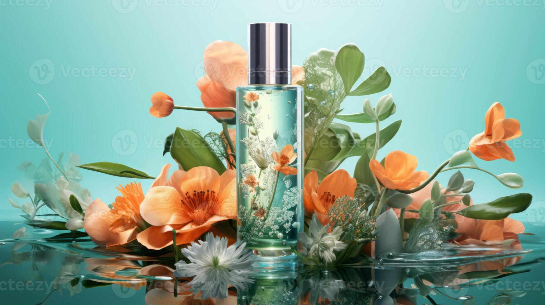 AI generated Elegant Skincare Bottle Amidst Beautiful Blossoming Flowers photo