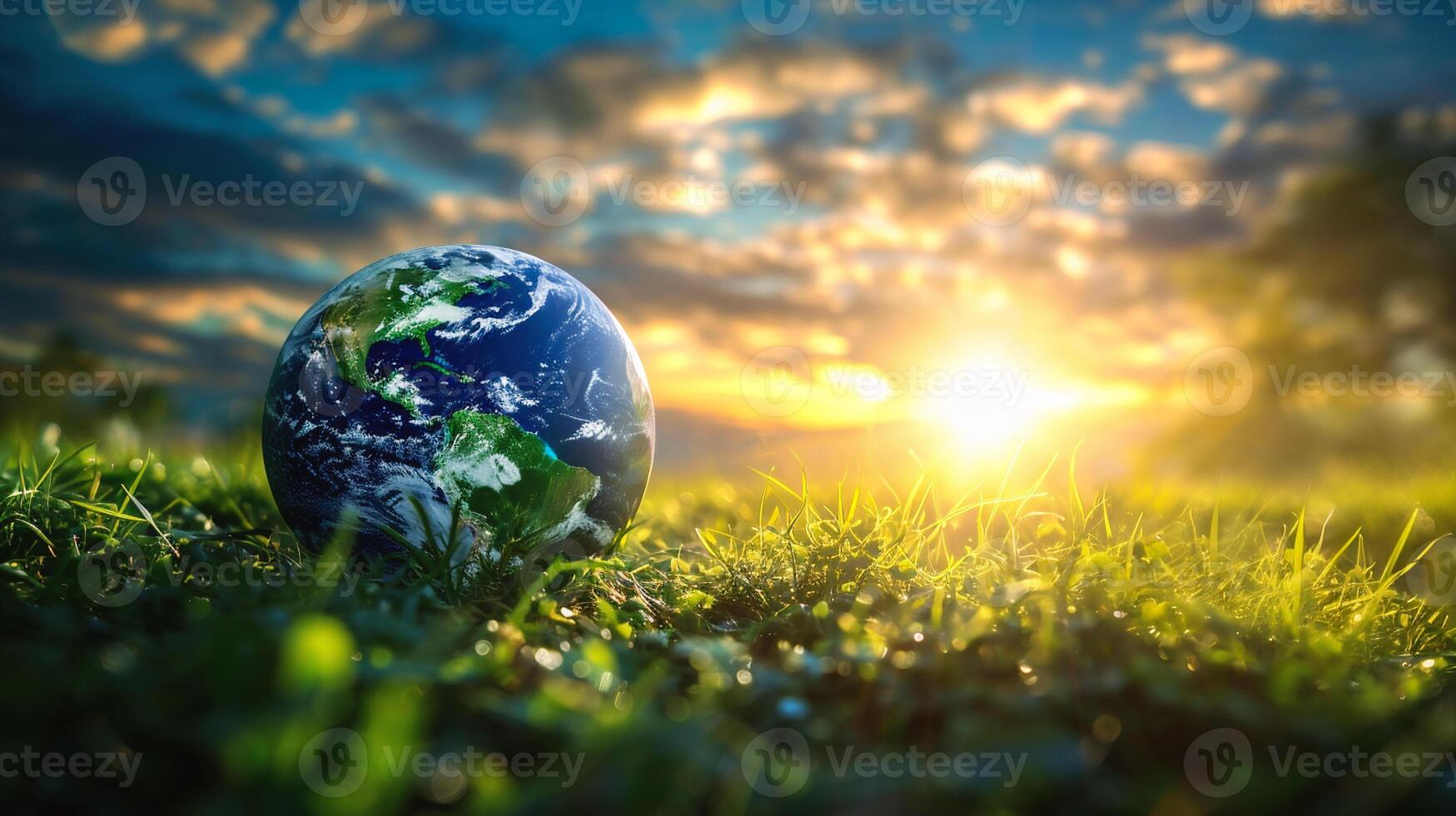 AI generated Globe on green grass with sunset sky background, Global warming concept photo