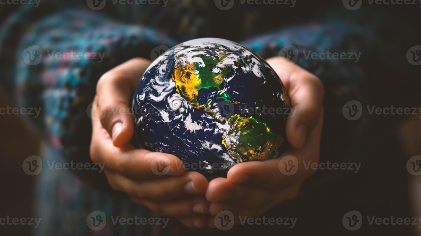 AI generated Human hand holding earth globe on blurred nature background, save the earth concept photo