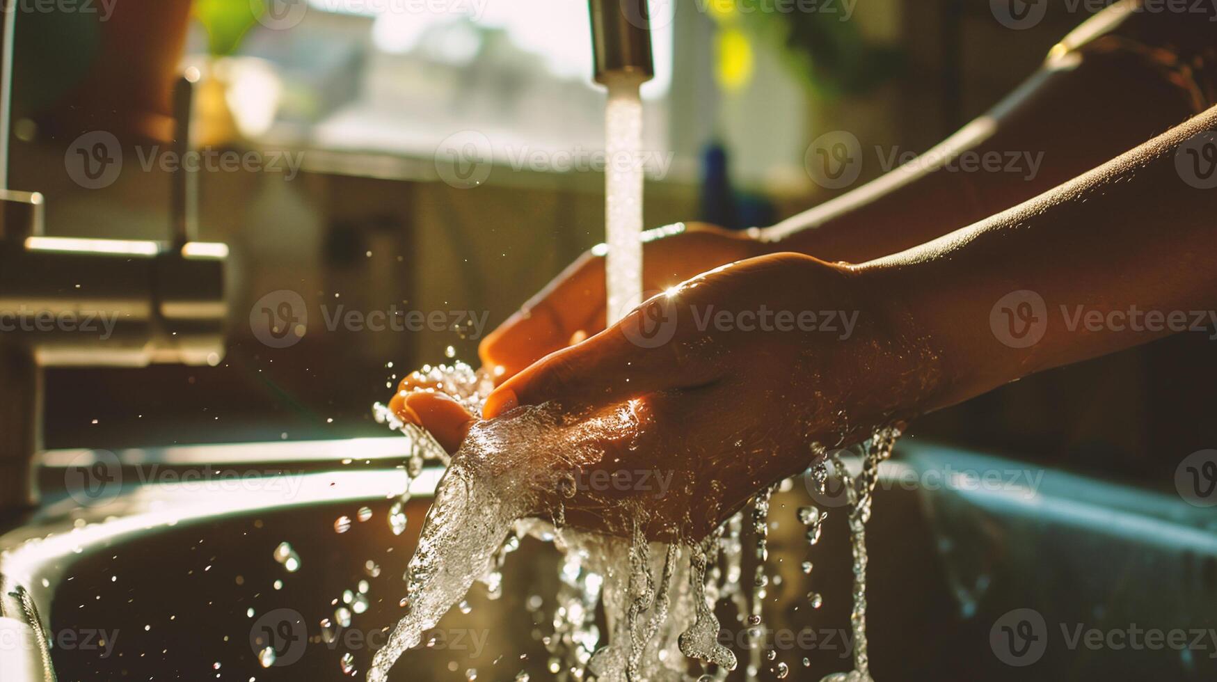 AI generated Woman washing hands under running water in kitchen sink, closeup. photo