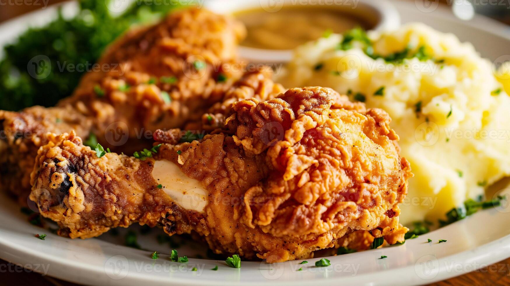 AI generated Crispy fried chicken legs with mashed potatoes photo