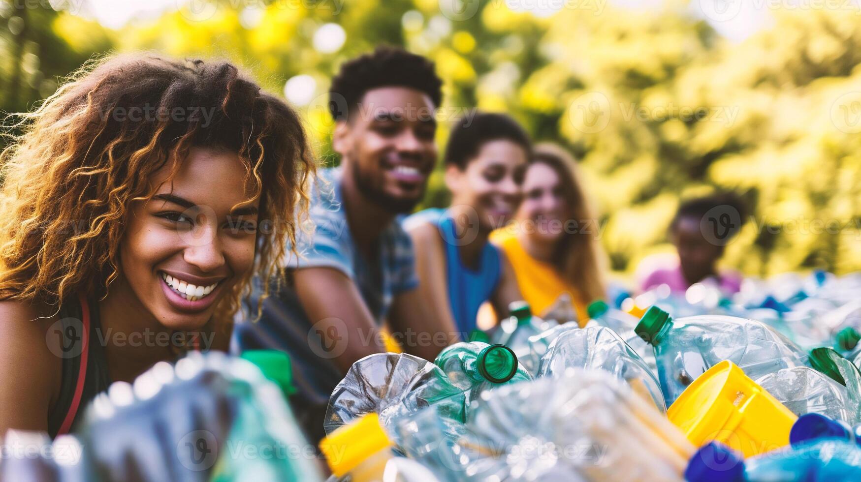 AI generated Group of multiethnic volunteers collecting plastic bottles in park on sunny day photo