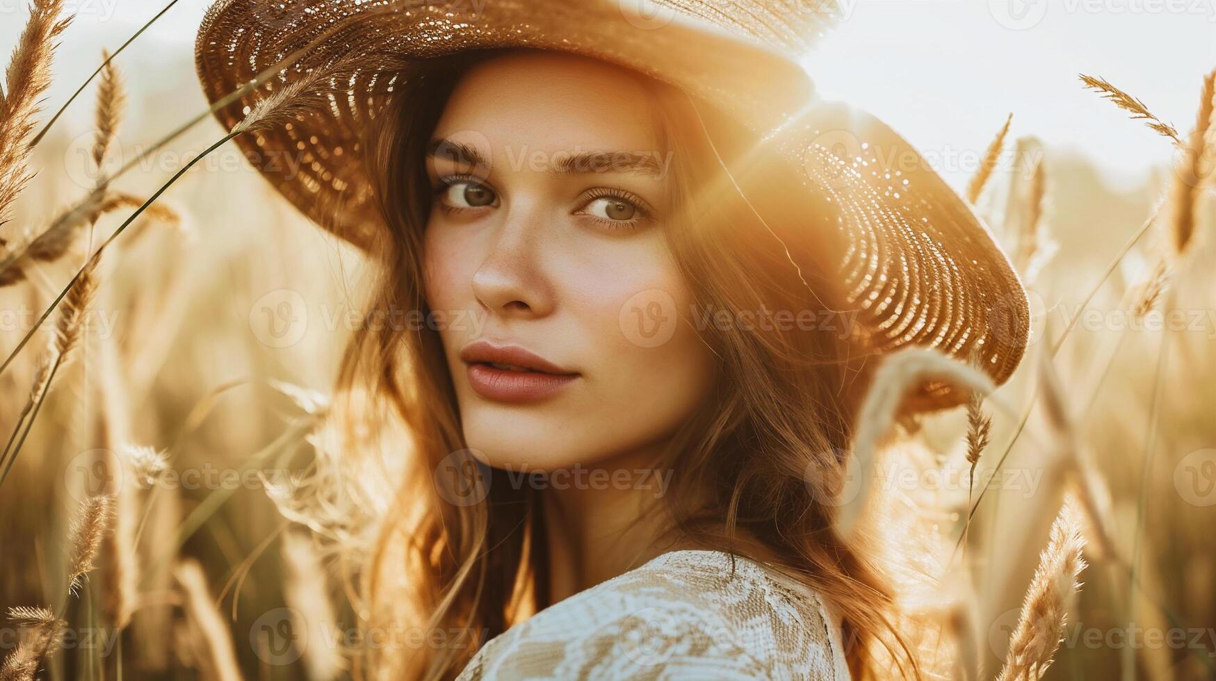 AI generated Portrait of a beautiful red-haired girl in a hat on a background of flowers. photo