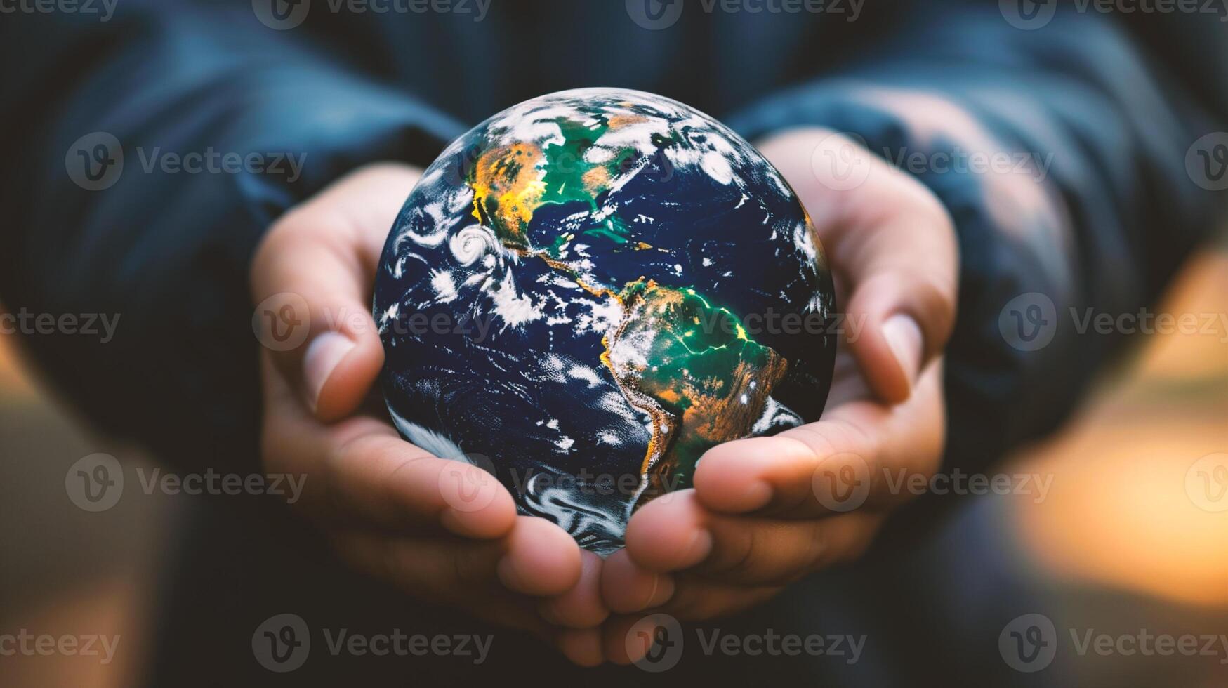 ai generado humano mano participación tierra globo en borroso naturaleza fondo, salvar el tierra concepto foto