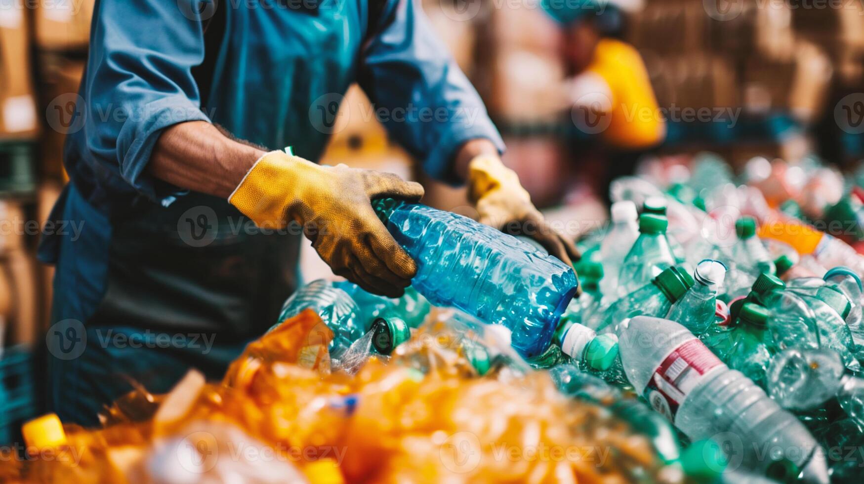 AI generated Group of multiethnic volunteers collecting plastic bottles in park on sunny day photo