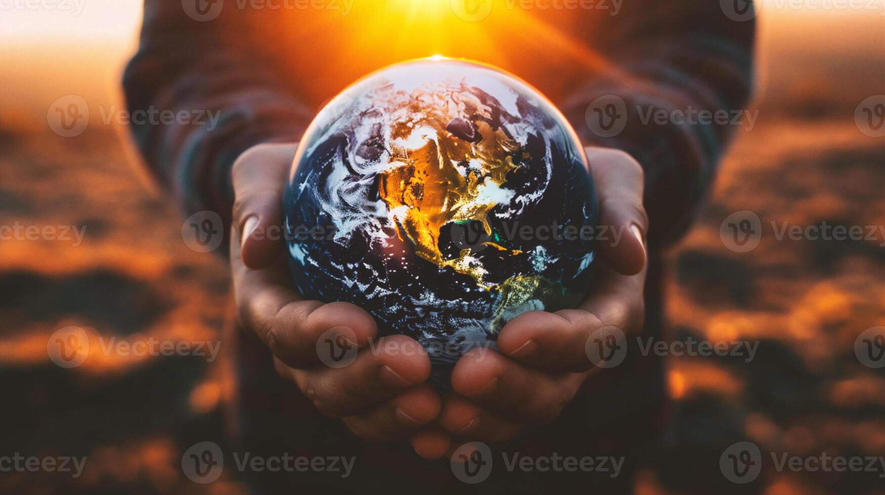 AI generated Earth planet in human hand on sunset background. photo