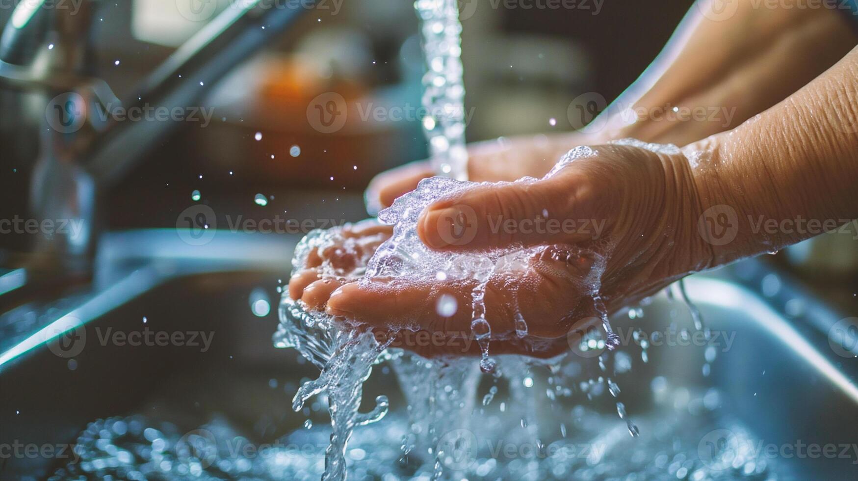 AI generated Woman washing hands under running water in kitchen sink, closeup. photo