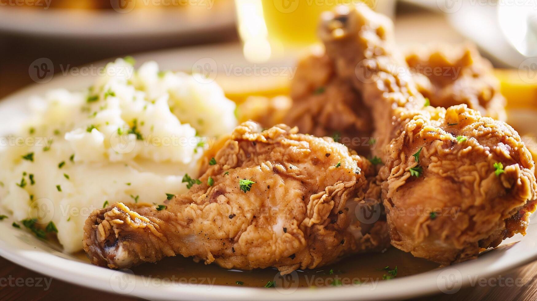 ai generado crujiente frito pollo piernas con machacado patatas foto