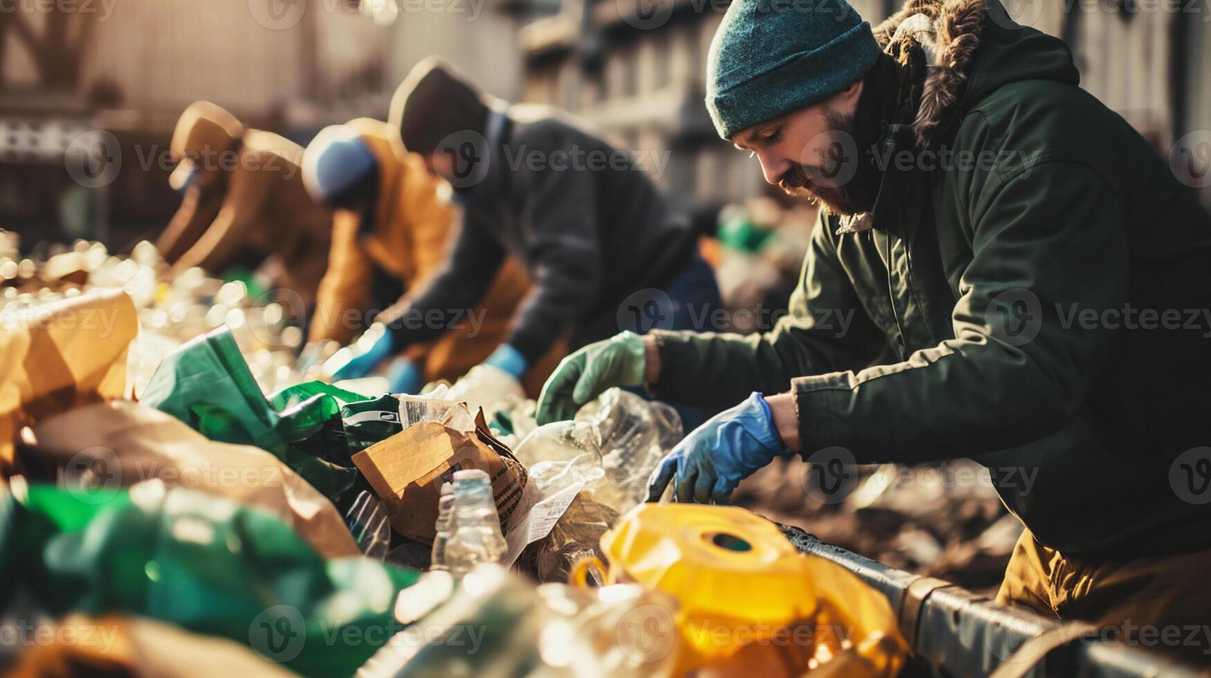 AI generated Group of multiethnic volunteers collecting plastic bottles in park on sunny day photo