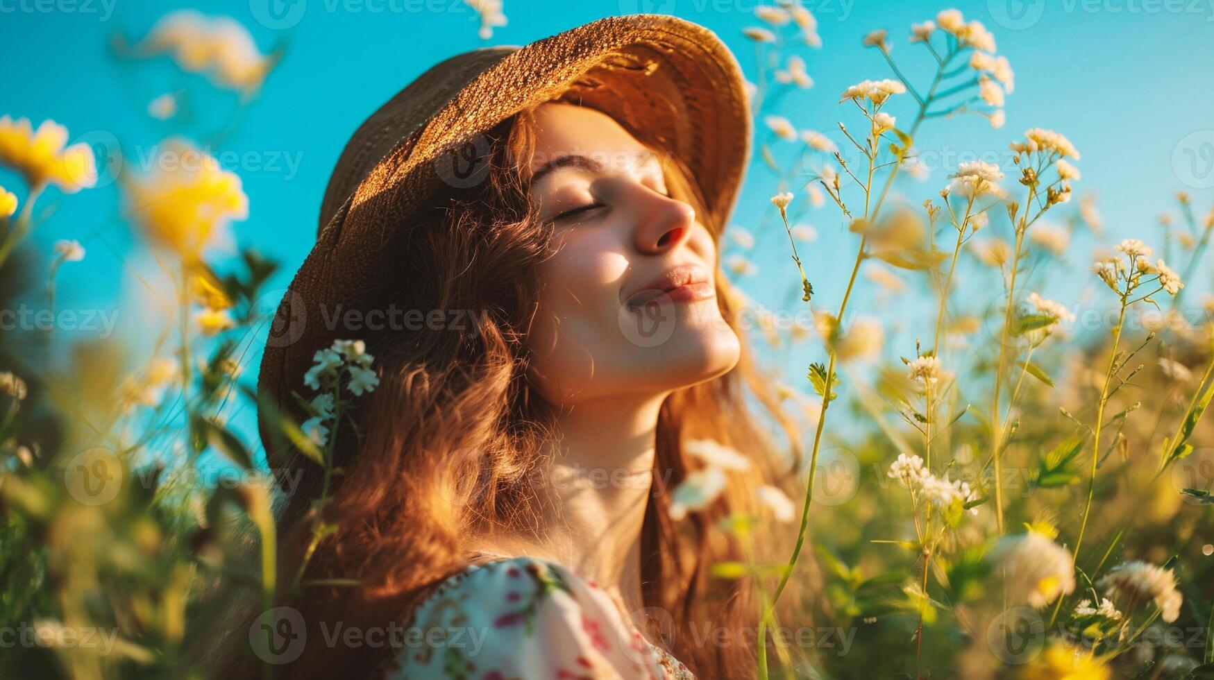 AI generated Portrait of a beautiful red-haired girl in a hat on a background of flowers. photo