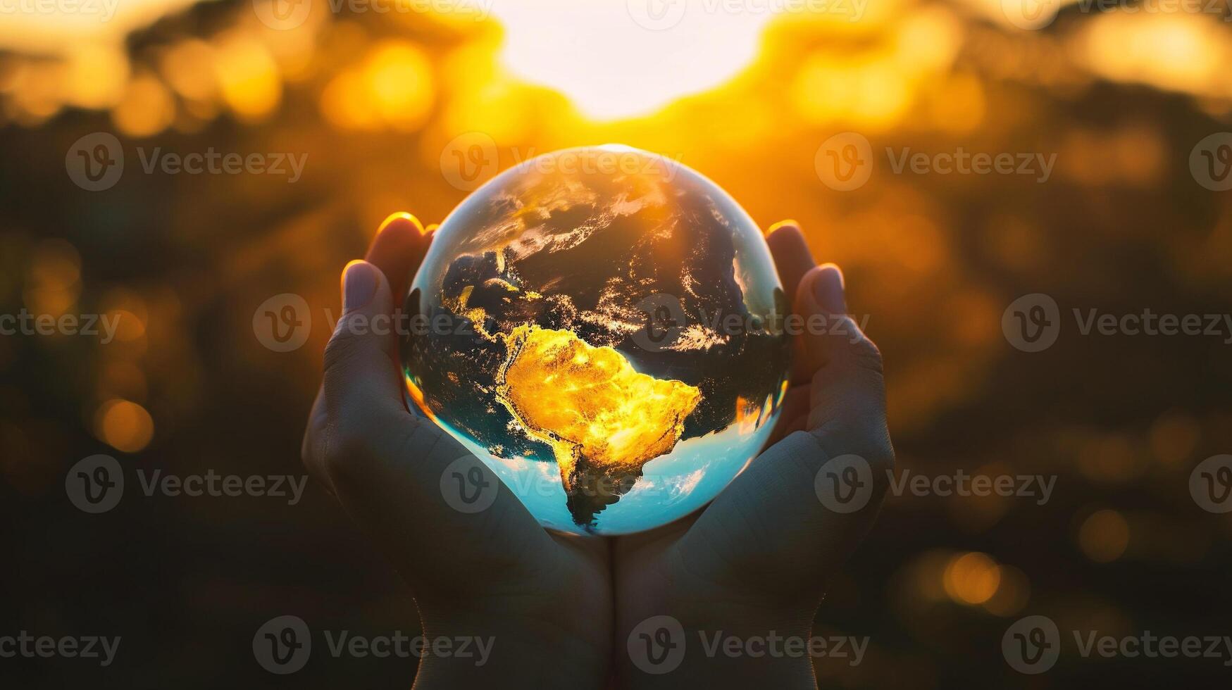 AI generated Earth planet in human hand on sunset background. photo