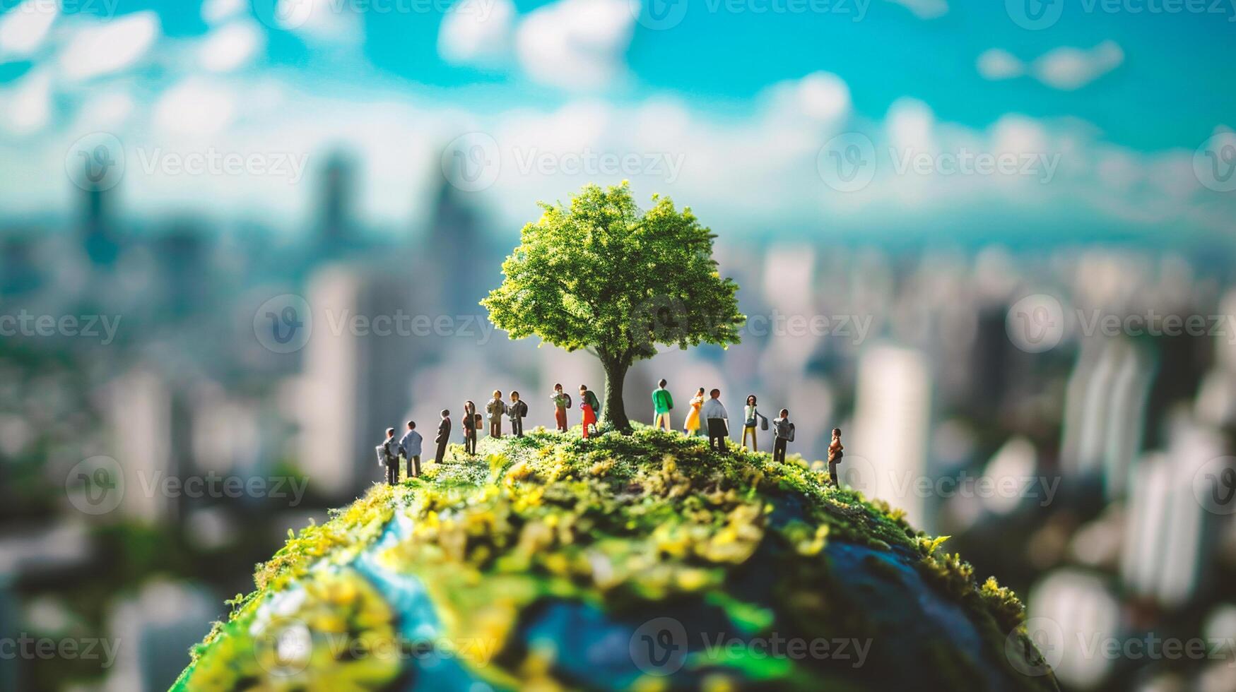 AI generated Miniature people Business people standing on the globe with city background photo