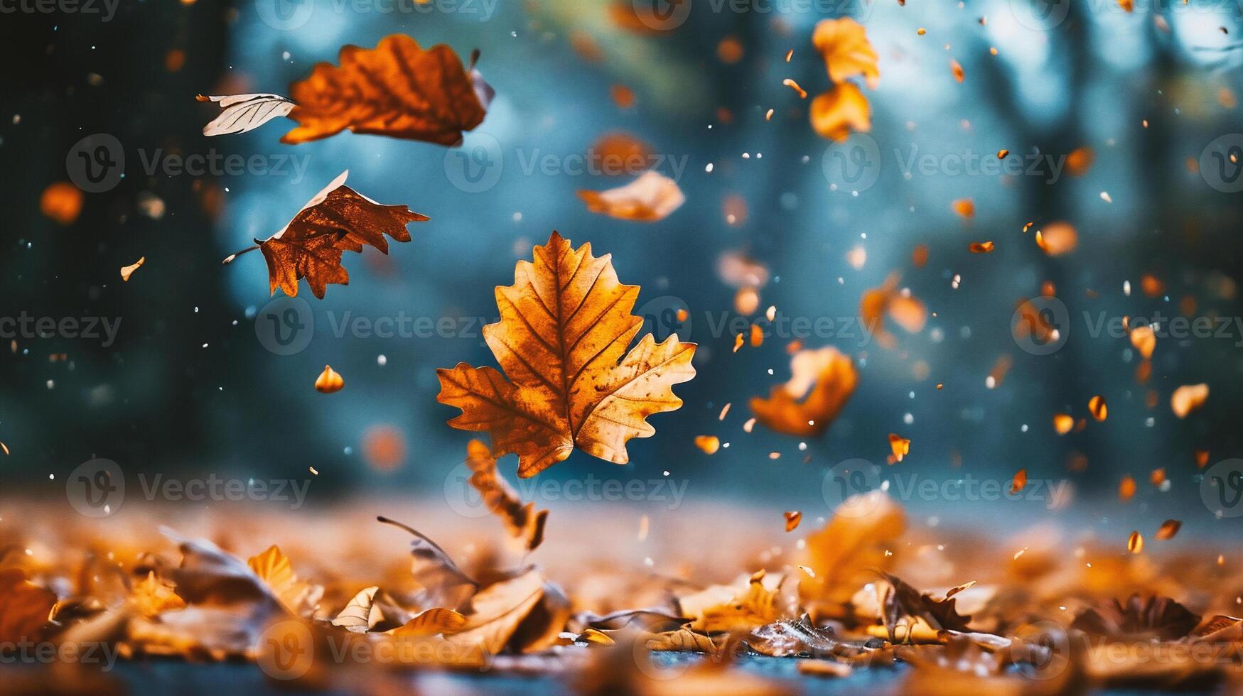 AI generated Autumn leaves flying in the air in the forest. Natural background photo