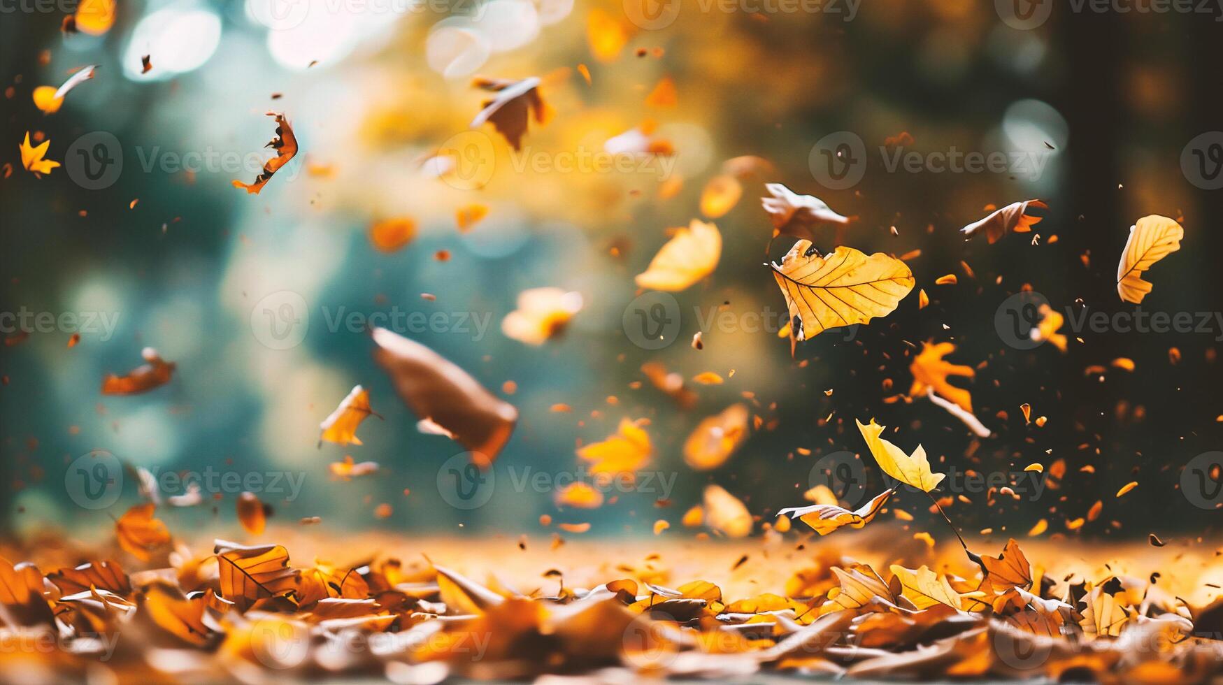 AI generated Autumn leaves flying in the air in the forest. Natural background photo