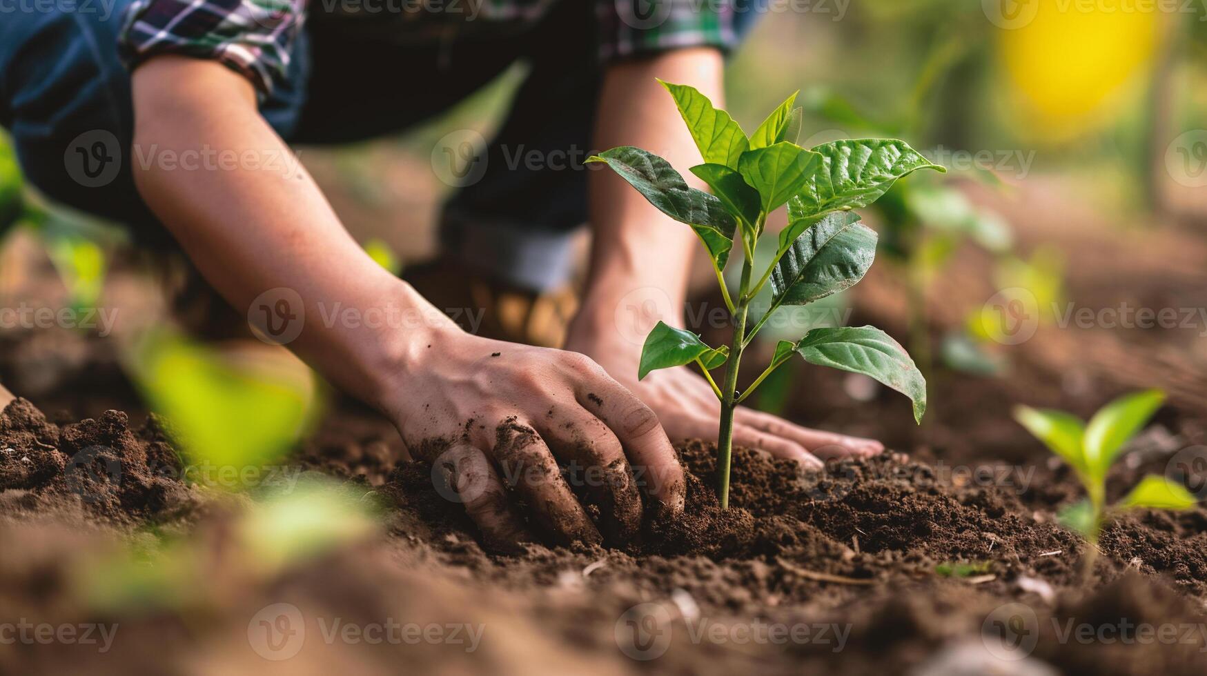 AI generated Close-up of male hands planting a tree in the garden. photo