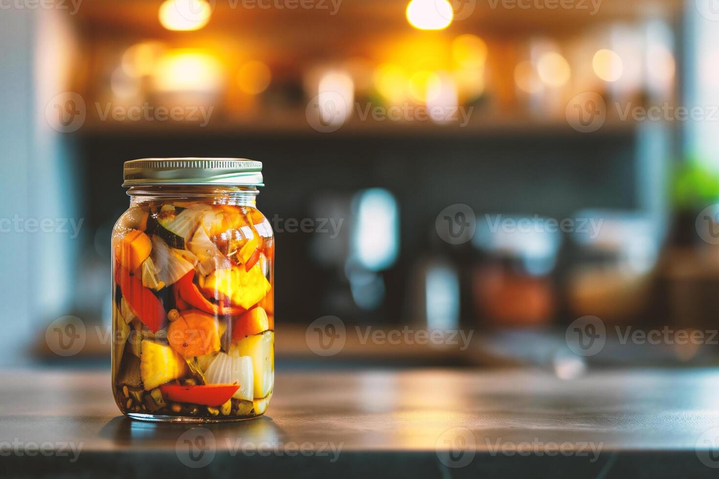 AI generated Close up of a jar of pickled vegetables on a kitchen counter photo