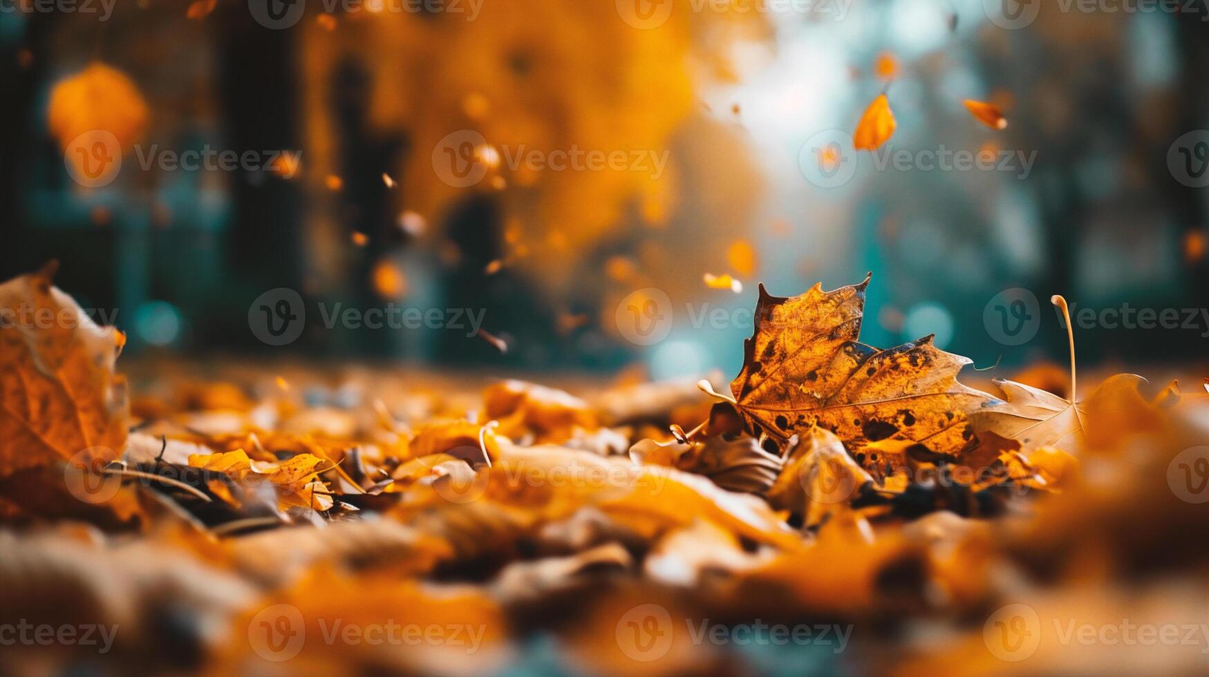 AI generated Autumn leaves flying in the air in the forest. Natural background photo