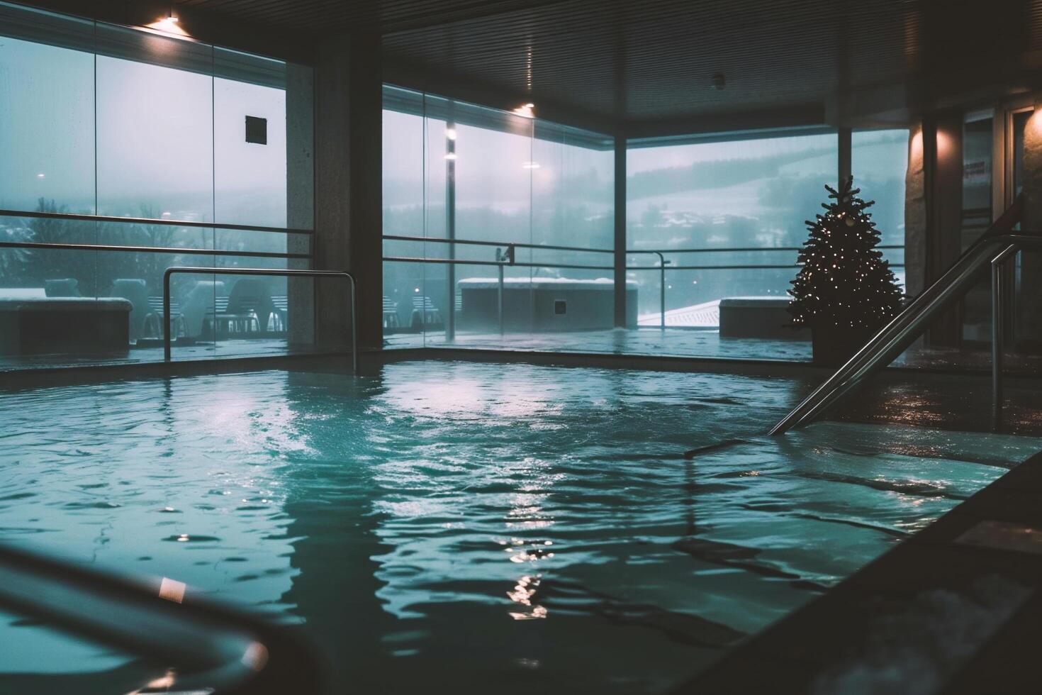 ai generado nadando piscina en un hotel con un Navidad árbol en el antecedentes foto