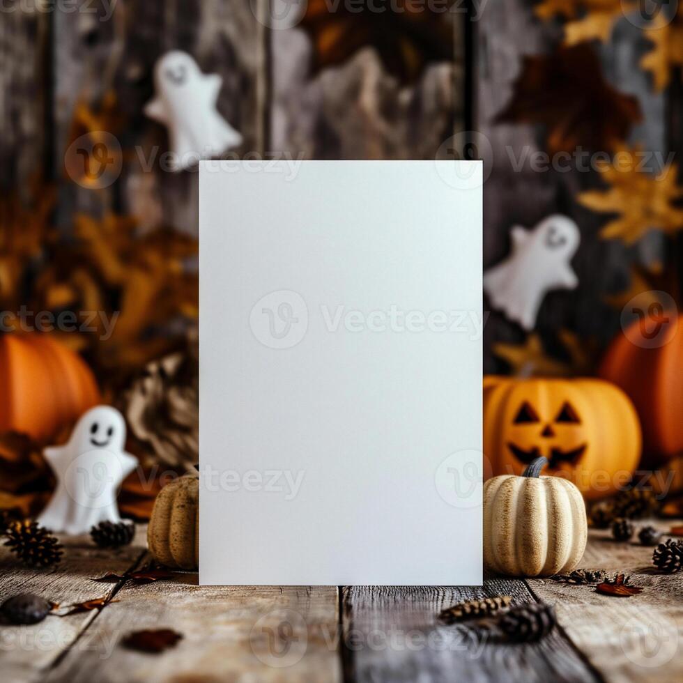 AI generated Halloween background with blank paper sheet, ghosts and pumpkins on wooden background photo