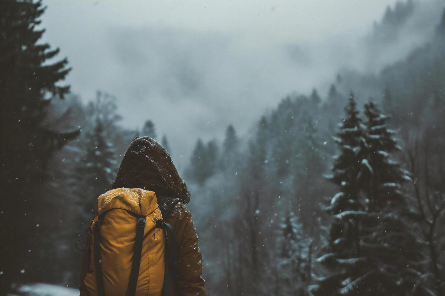 AI generated A woman in a yellow jacket with a backpack stands on the background of a snowy forest. photo