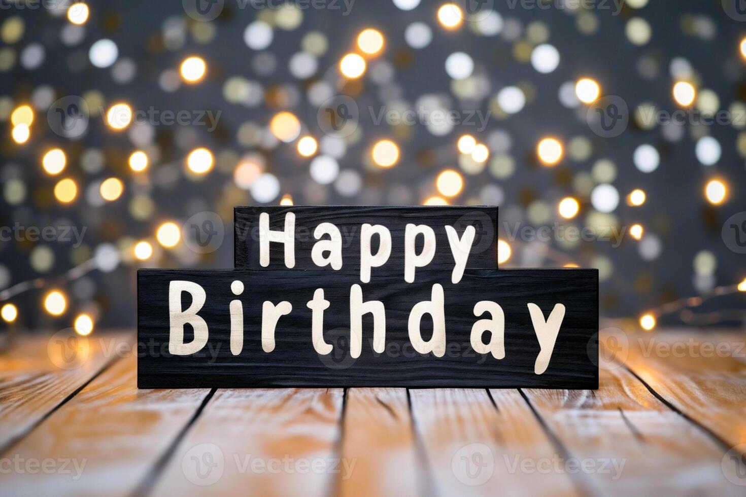 AI generated Happy birthday card with candles on wooden table over bokeh background photo