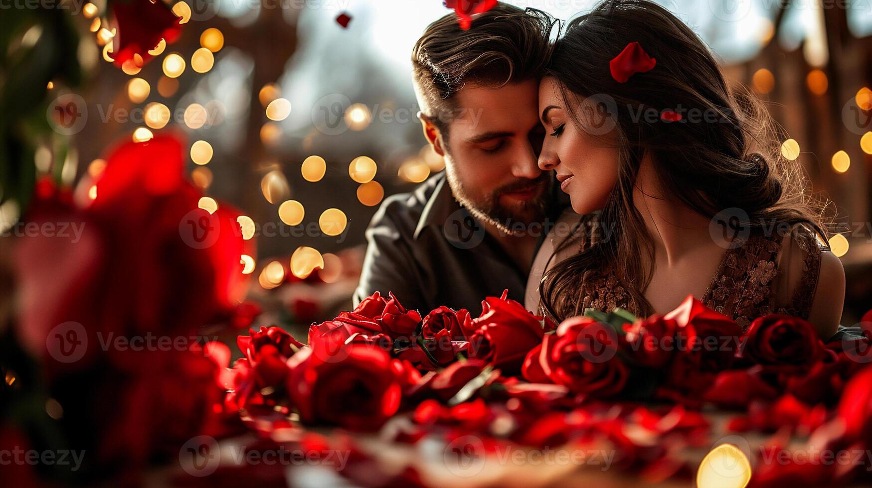 AI generated Beautiful young couple in love with red rose petals on Valentine's Day photo