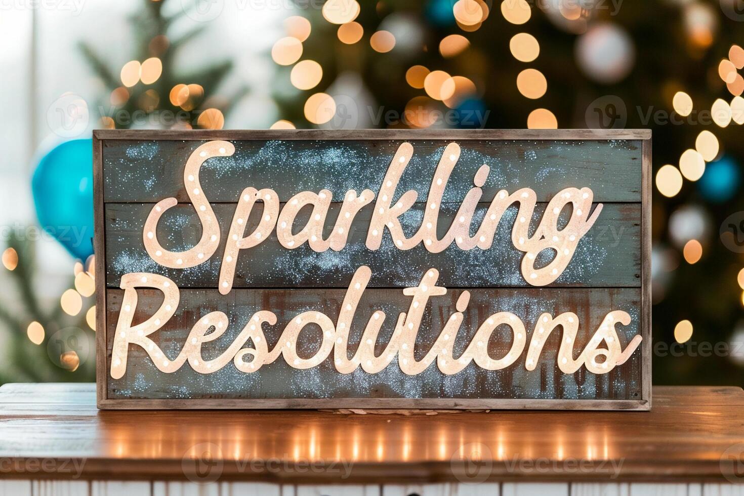 AI generated Blackboard with text Sparkling Resolutions in front of Christmas tree photo
