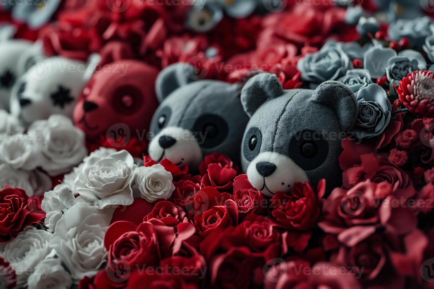 AI generated Valentine's day background with red roses and teddy bears photo