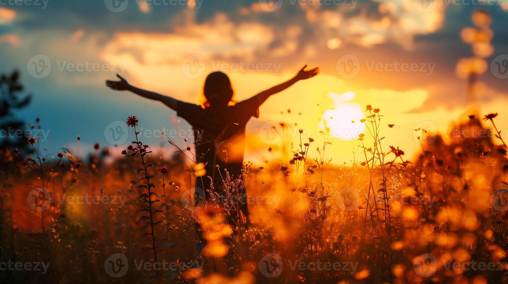 ai generado silueta de un niña en un campo con flores a puesta de sol. foto