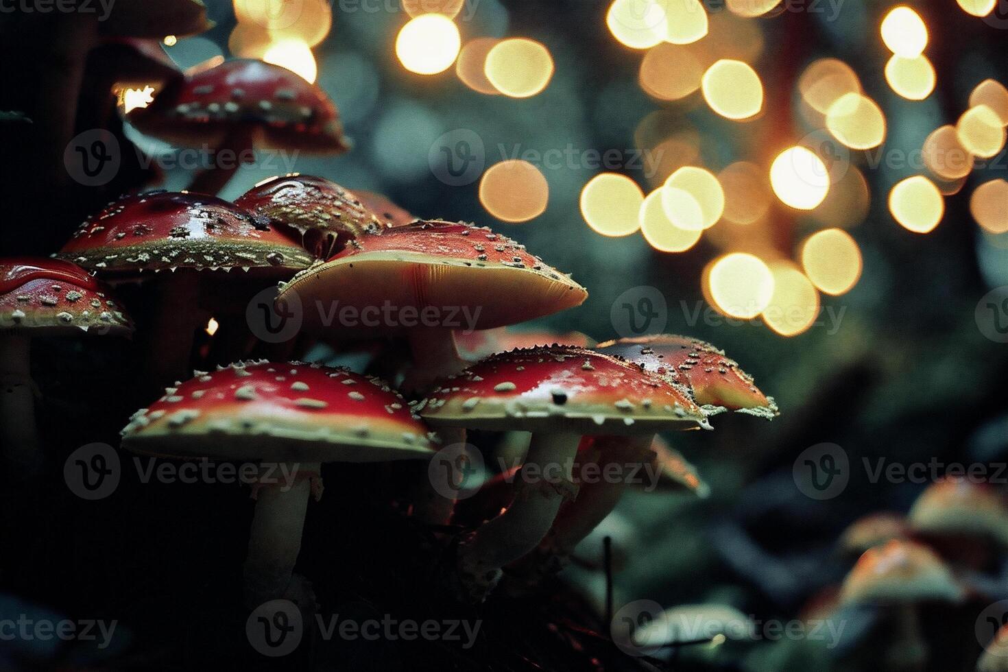 ai generado hongos en el bosque a noche con bokeh efecto foto