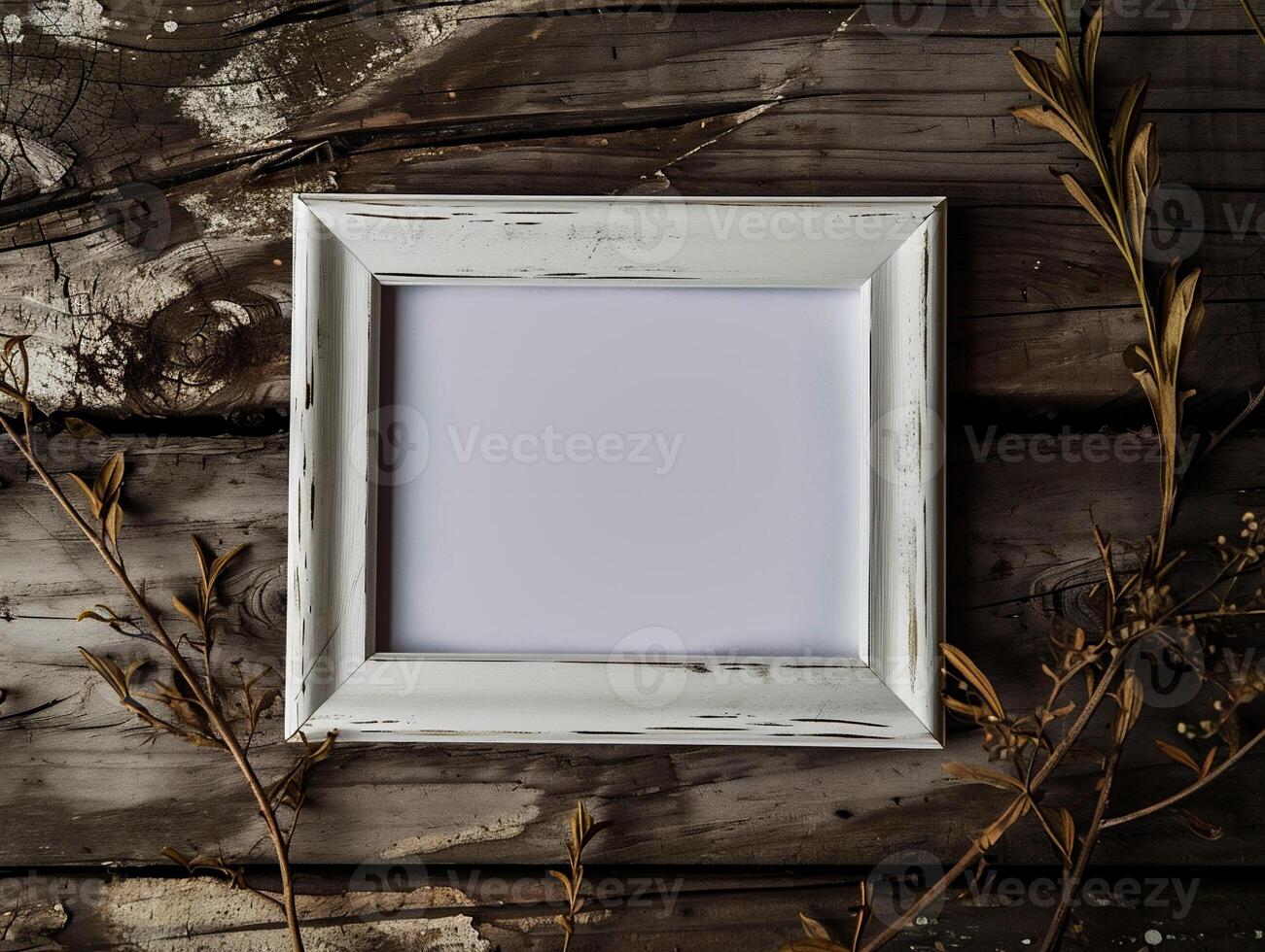 AI generated Wooden frame on a rustic wooden background, top view. photo