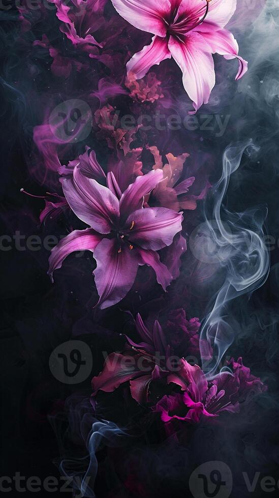 AI generated Pink lilies and smoke on a black background. Space for text. photo