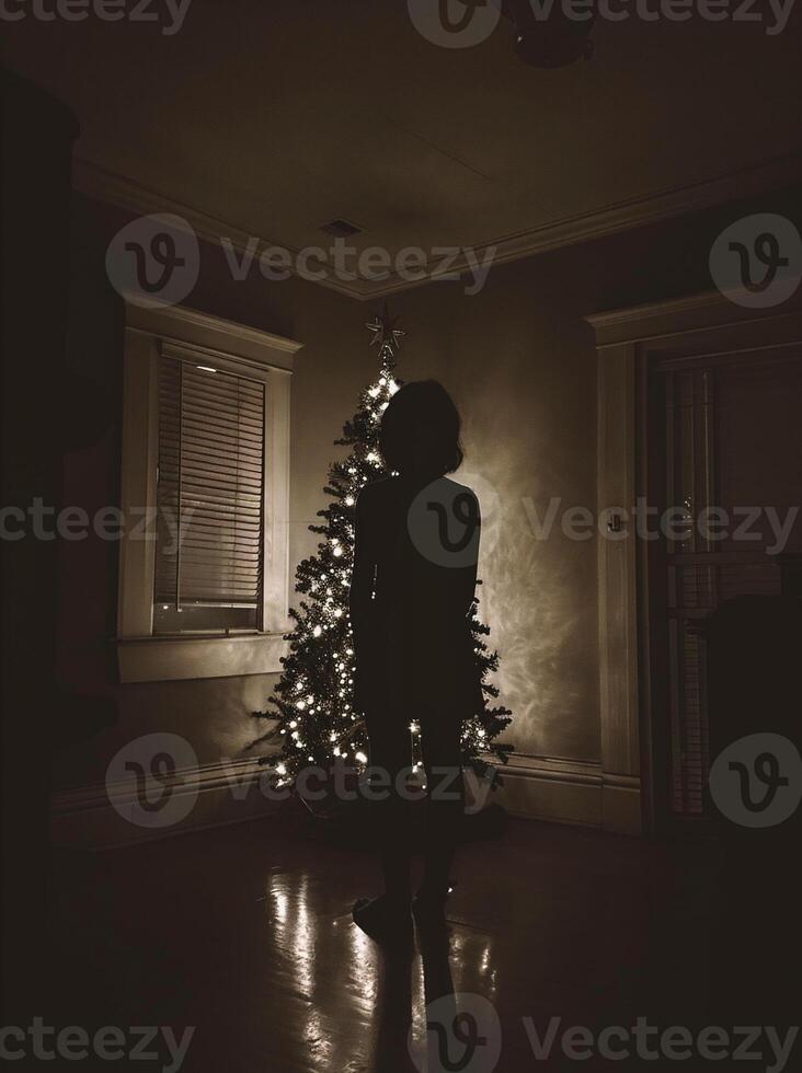 AI generated Silhouette of a girl in a room with a Christmas tree photo