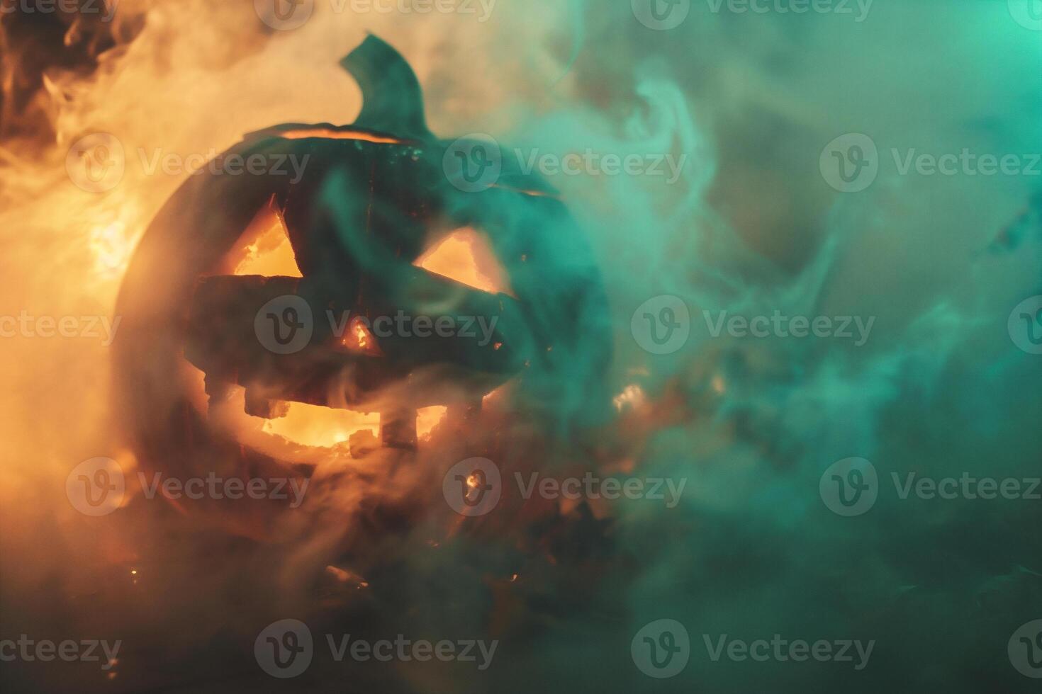 AI generated Halloween pumpkins in smoke. Selective focus. Holiday. photo