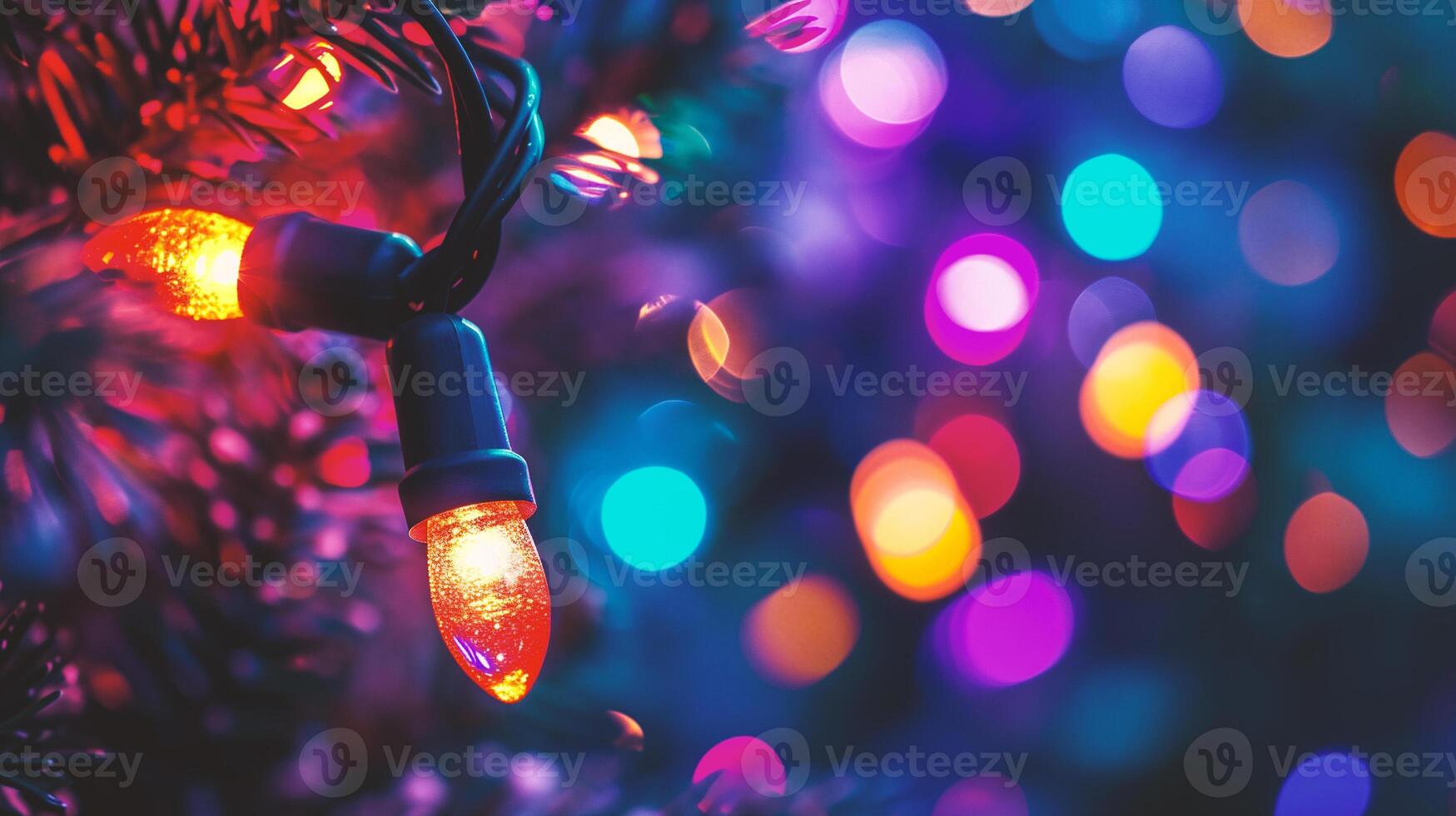AI generated Christmas and New Year holidays background with colorful bokeh defocused lights photo