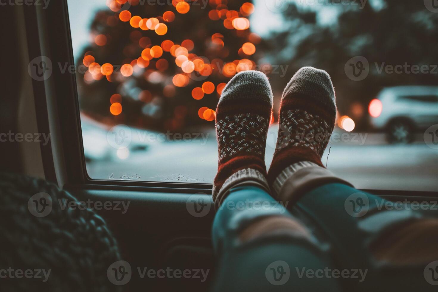 AI generated Close up of woman's feet in warm socks sitting on the car window photo