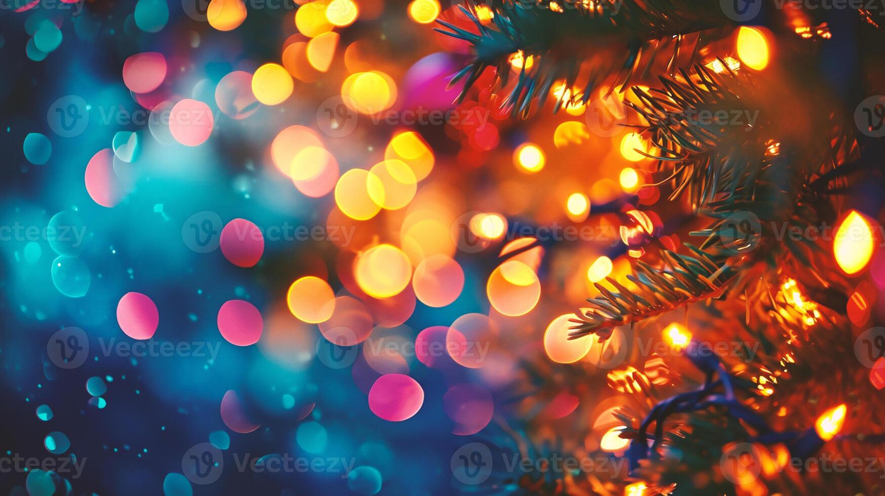 AI generated Christmas and New Year holidays background with colorful bokeh defocused lights photo