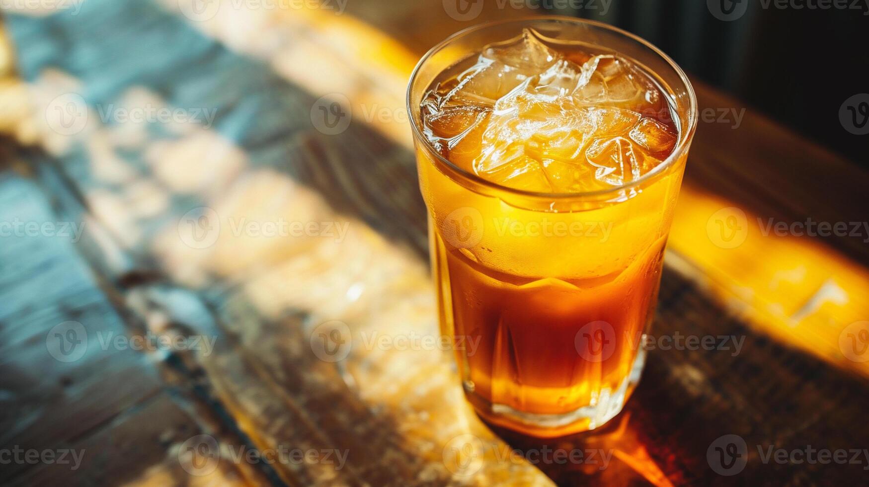 AI generated Iced tea with ice in glass on wooden table, stock photo