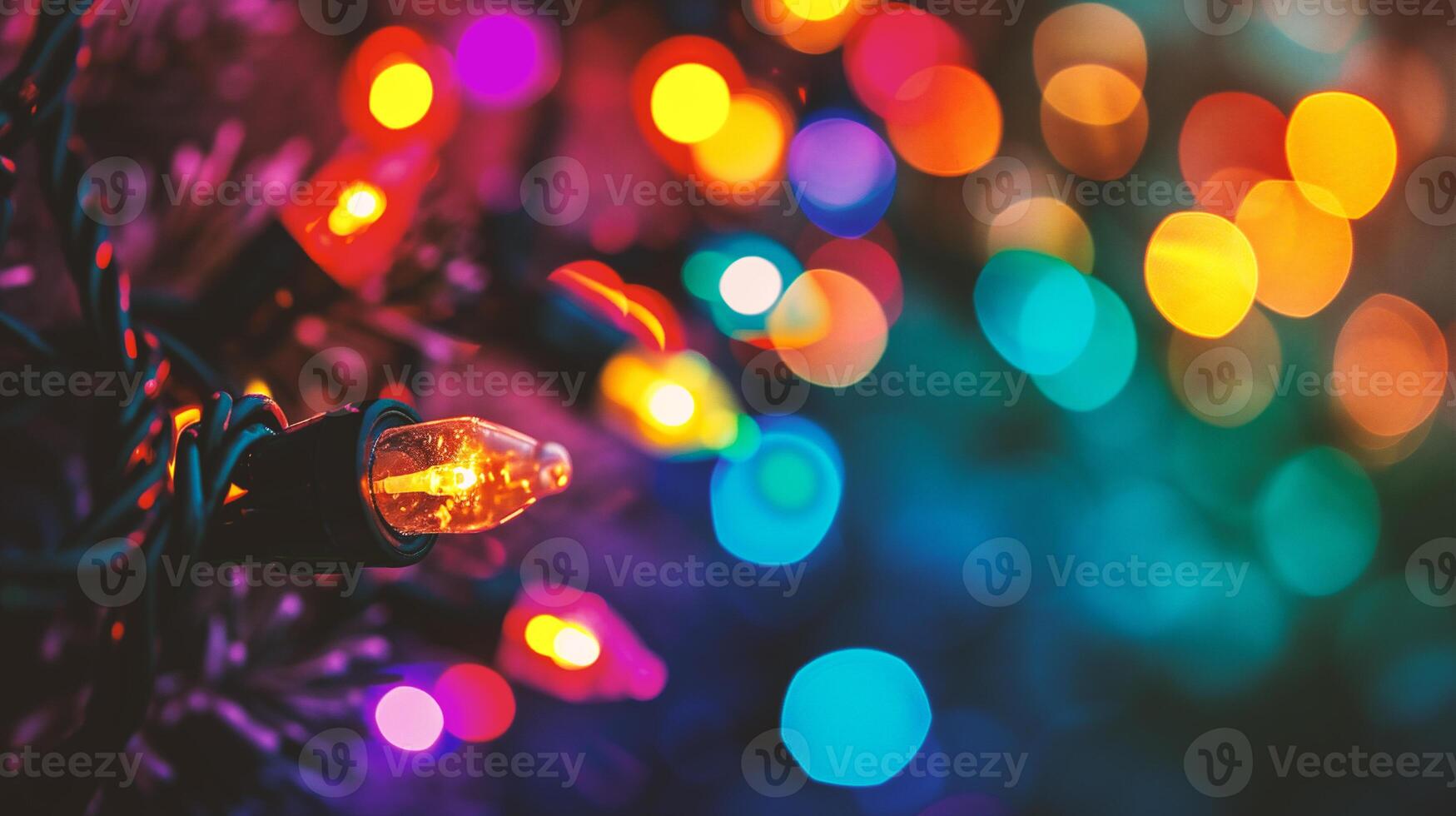 AI generated Christmas and New Year holidays background with colorful bokeh defocused lights photo