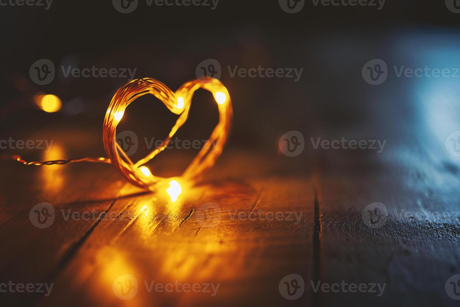 AI generated Valentine's Day background. Glowing heart shaped lights on wooden table. photo